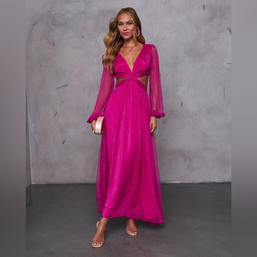 Hot Pink Long Sleeve Plunging Neck Mesh Cut-Out Chiffon Maxi Dress Wedding Large